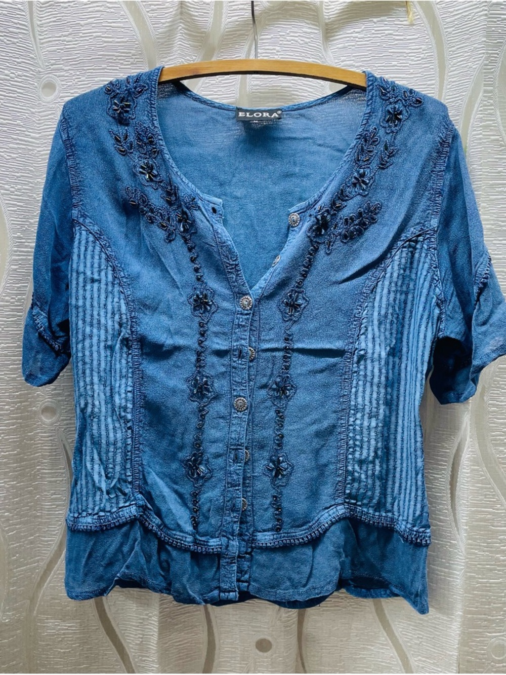 Elora Blouse Womens‎ Medium Blue Excellent Boho Embroidered Beaded Rayon Top